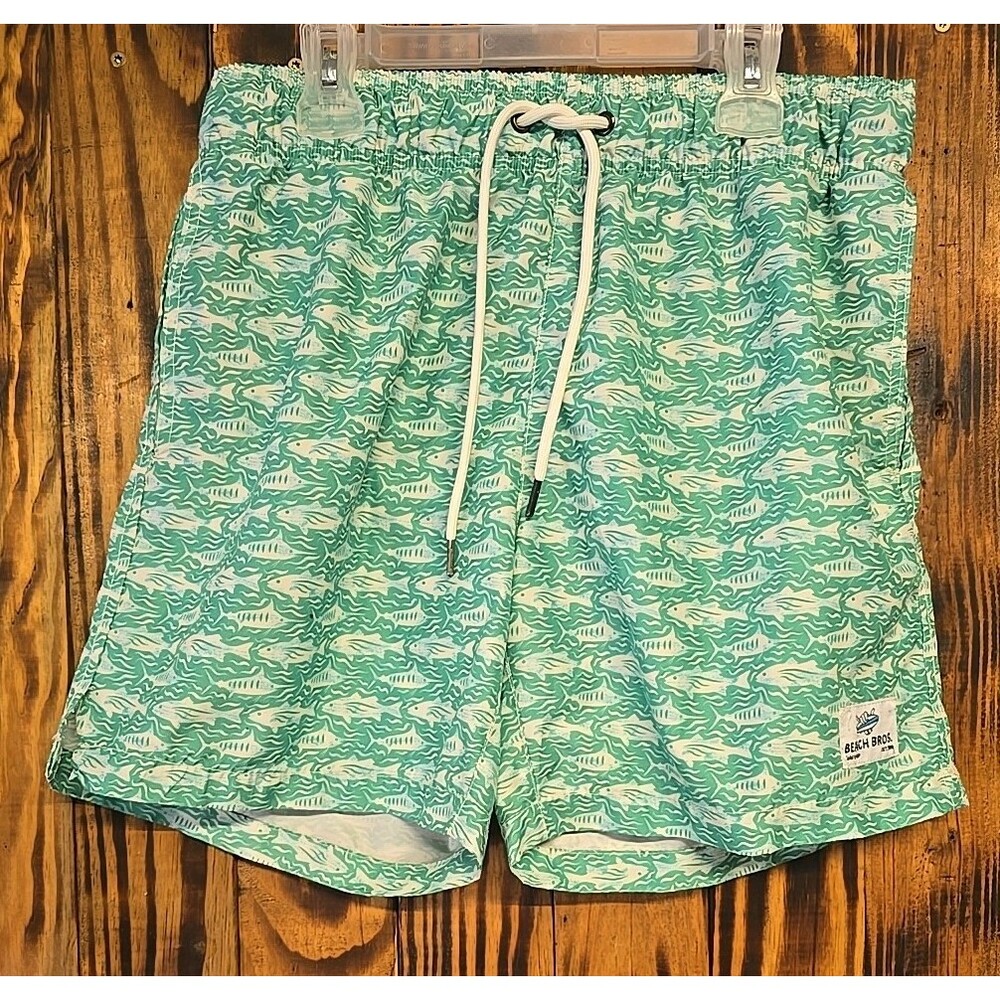 Beach Bros. Men's Green White Fish Swim Trunks With Liner, Size M